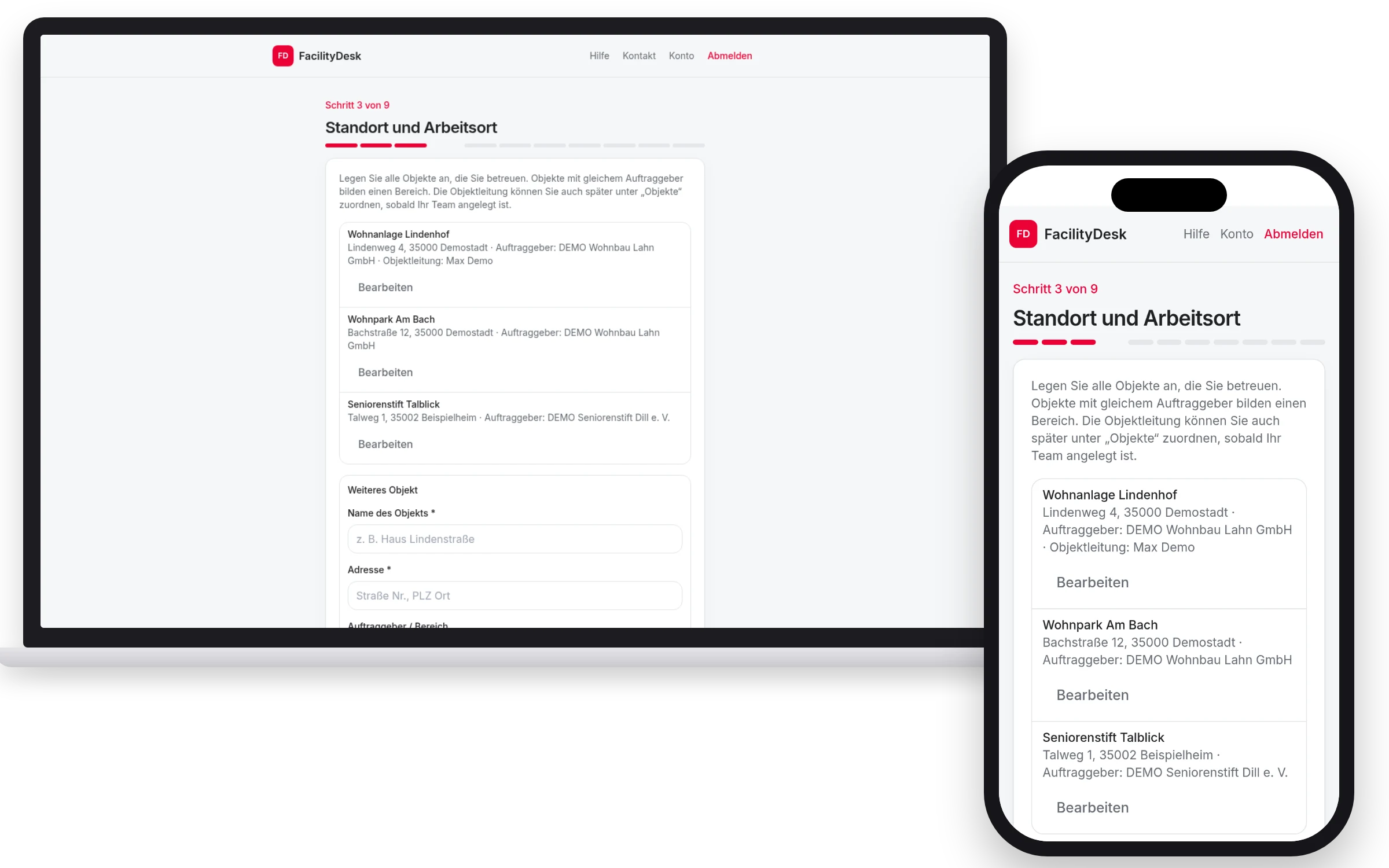 FacilityDesk auf Laptop und iPhone: Einrichtungsassistent mit drei angelegten Objekten