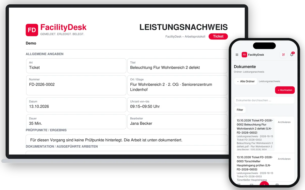 FacilityDesk Dokumente & Protokolle auf Laptop und iPhone
