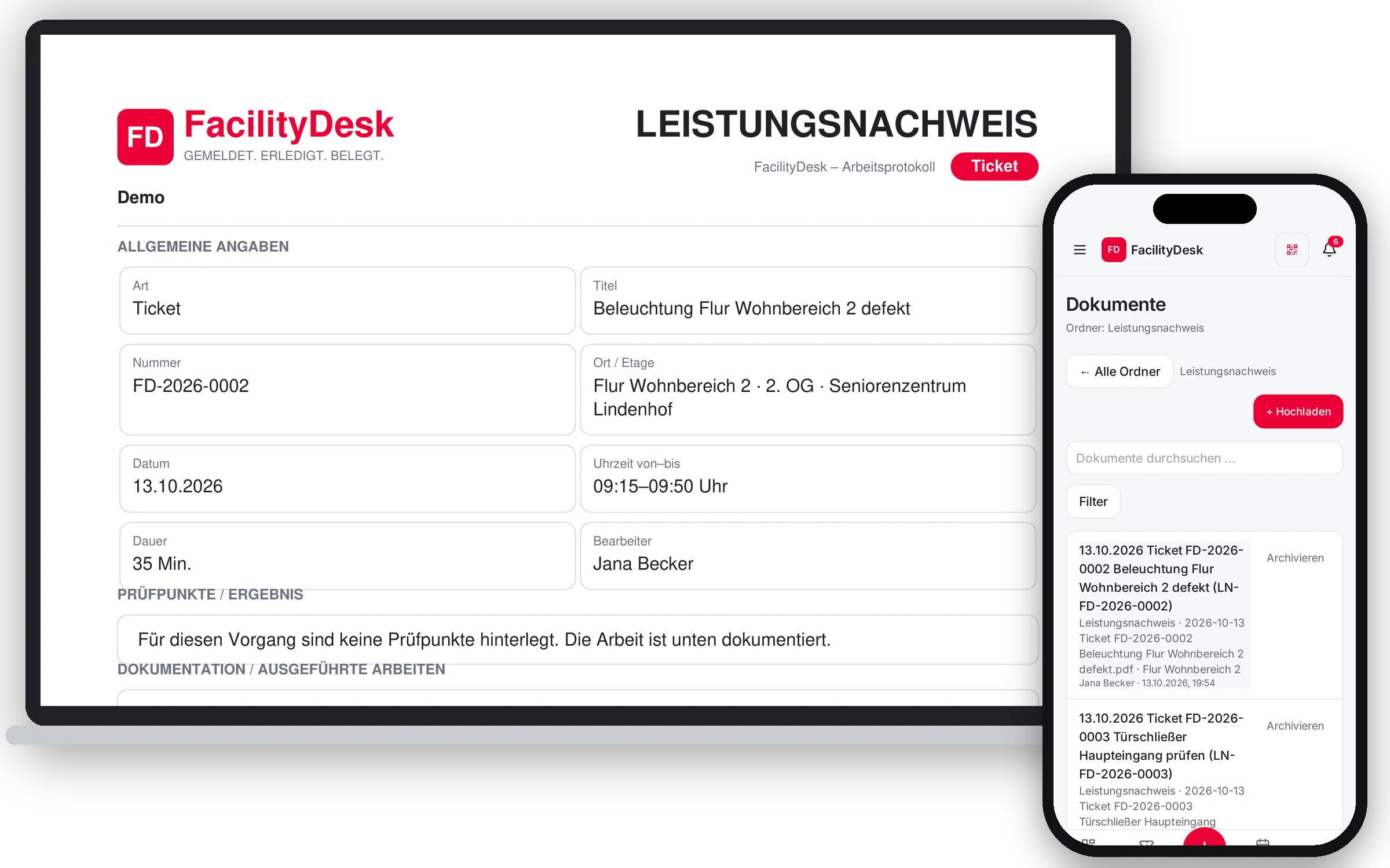 Leistungsnachweis als PDF mit Unterschrift und Dokumentenordner auf dem iPhone