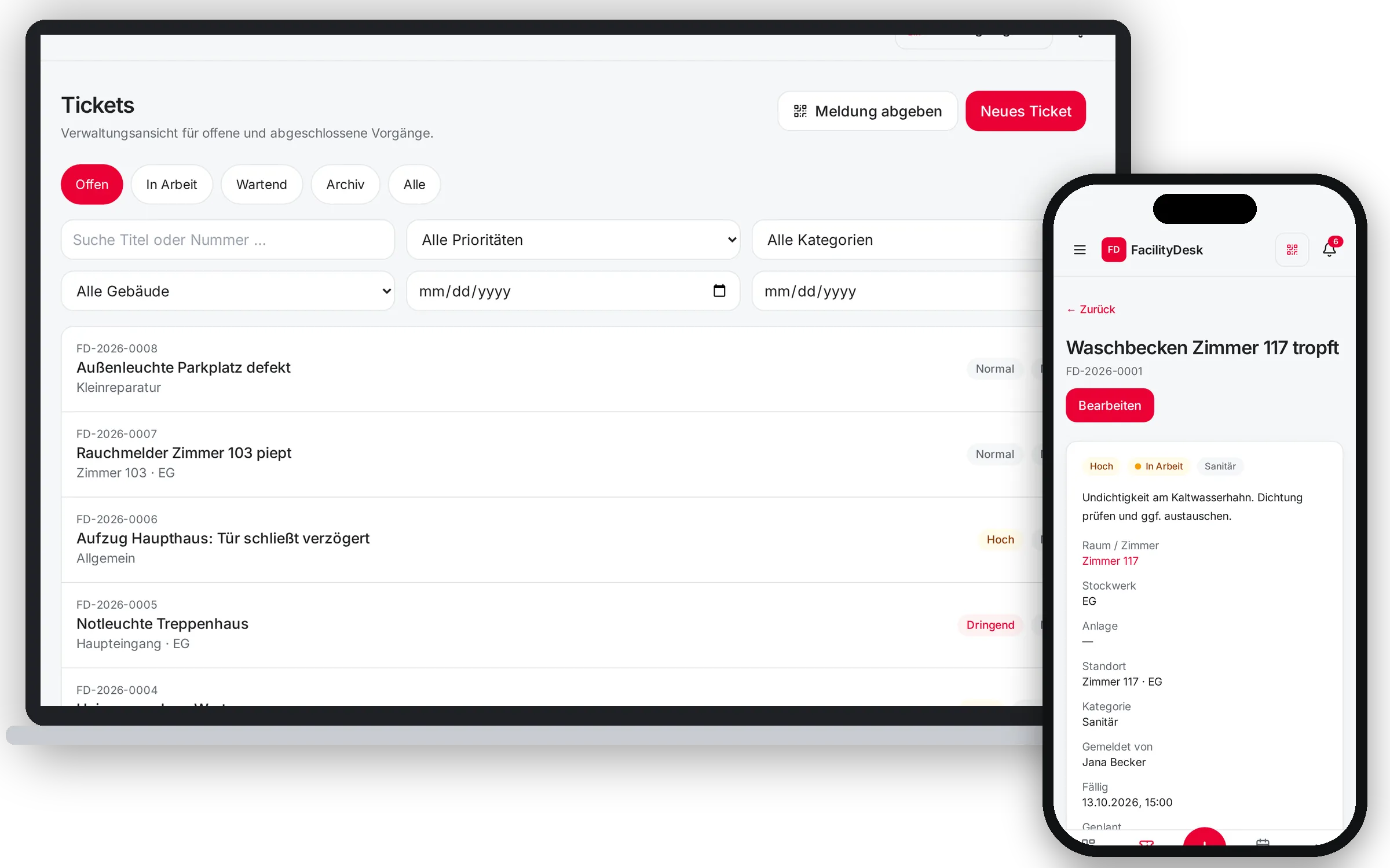 FacilityDesk auf Laptop und iPhone: Ticketliste und Ticketdetails