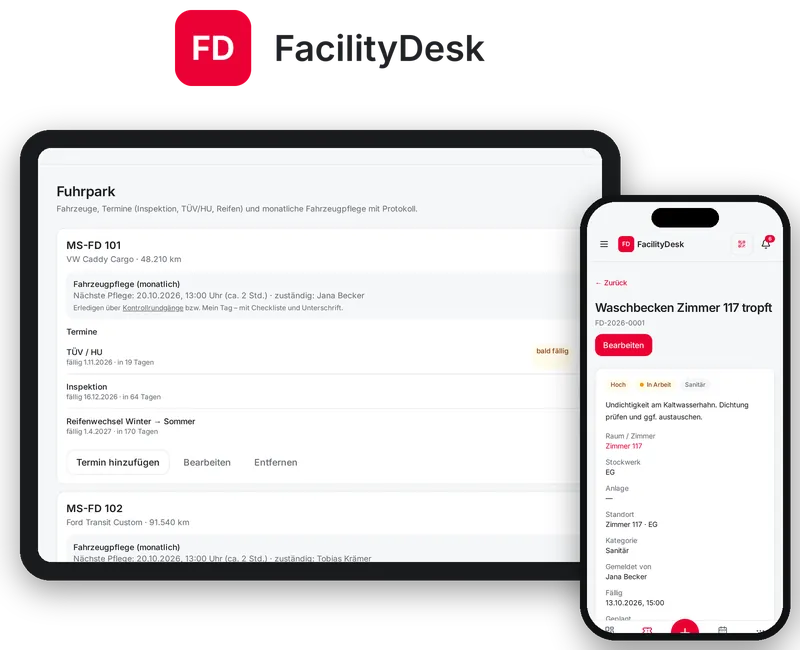 FacilityDesk-Logo mit Tablet (Fuhrpark) und iPhone (Ticket)